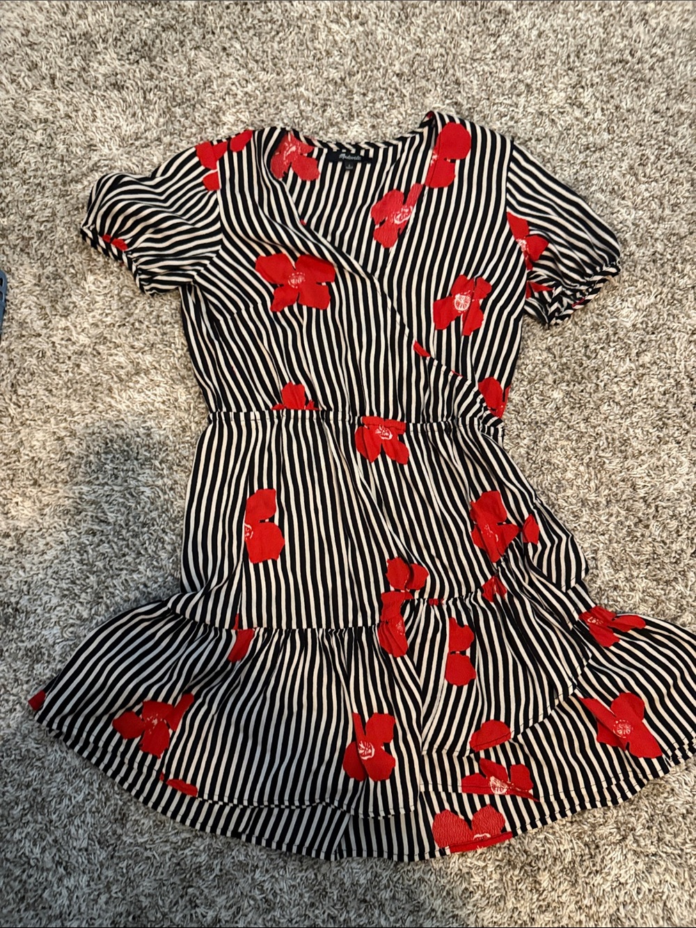 Madewell Black & White Striped Dress with Red Floral Print
